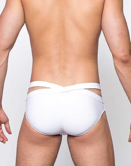 Shop Blk Double Strap Swim Brief-White Swimwear