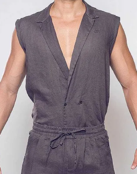 New Breezy Linen Single Button Wrap Vest-Dark Gray Shirts & Vests