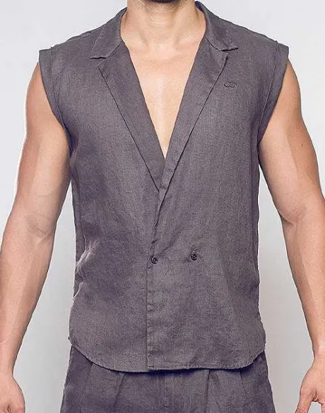 New Breezy Linen Single Button Wrap Vest-Dark Gray Shirts & Vests