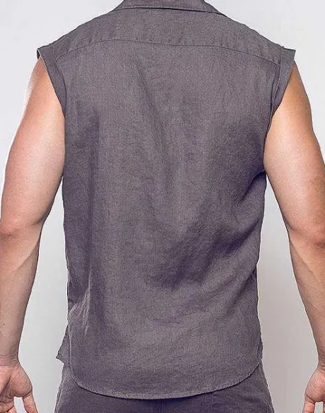 New Breezy Linen Single Button Wrap Vest-Dark Gray Shirts & Vests