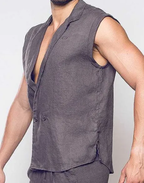 New Breezy Linen Single Button Wrap Vest-Dark Gray Shirts & Vests