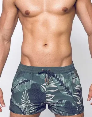 Fashion S50 Print Shorts-Forest Green Hawaiian Print Sustainable Beachwear